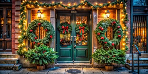 Obraz premium Festive Urban Doorway with Evergreen Swag: A Captivating Christmas Scene in an Urban Exploration Setting Highlighting Seasonal Decor and Holiday Cheer
