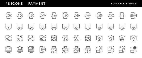 Payment icon collection. Transaction icon set Online payment, money, transaction, exchange, wallet, money bag and more. Editable stroke. Pixel Perfect. Grid base 32px.