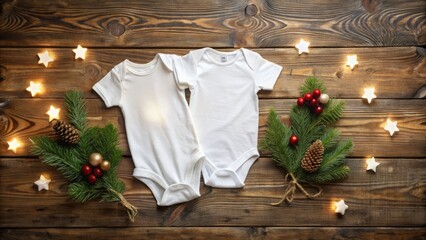 Flat Lay of Two White Baby Bodysuits on a Wooden Background for Christmas, Ideal for  Placement and Styled Stock Photography Designs