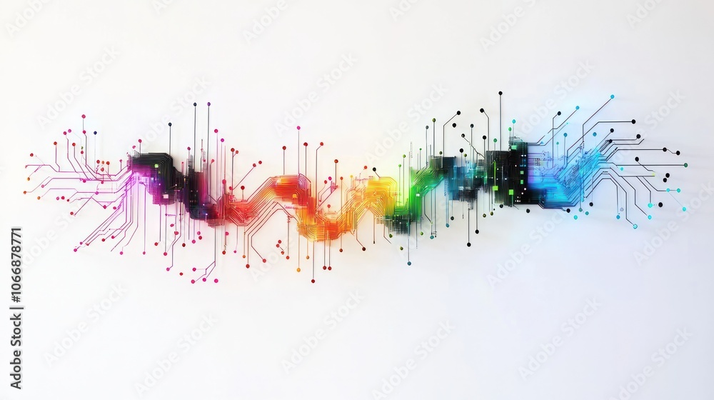 Poster computer motherboard with colorful electronic pulses running through its pathways on a minimalistic