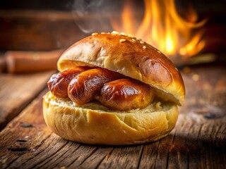 Freshly Baked Homemade Sausage Bun with Chicken Sausage in Soft Dough, Captured in Low Light to Highlight Texture and Warmth, Perfect for Culinary Photography