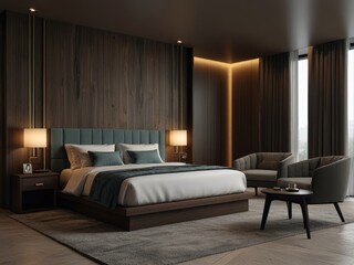 Obraz premium luxury hotel bedroom,interior of a bedroom,interior of a hotel room,luxury comfortable bedroom,hotel room interior
