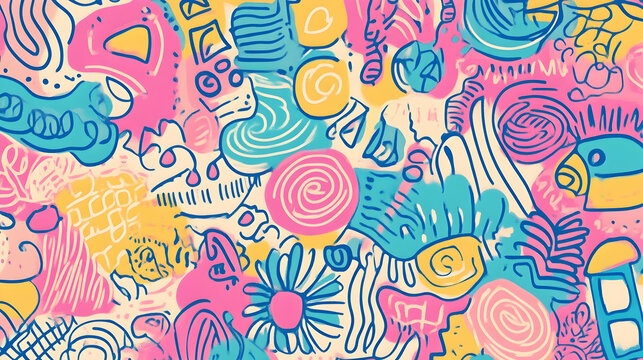 Charming abstract background showcasing whimsical doodles and patterns in playful colors, perfect for children’s products or creative workshops