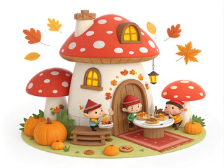 mushroom-castle-with-thanksgiving-party-child Lady boy-food pumpkin-happy turkey-cottage-fairy-3d-icon-illlustration with transparent background