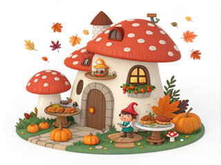 Obraz premium mushroom-castle-with-thanksgiving-party-child Lady boy-food pumpkin-happy turkey-cottage-fairy-3d-icon-illlustration with transparent background