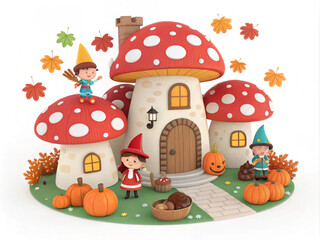 Obraz premium mushroom-castle-with-thanksgiving-party-child Lady boy-food pumpkin-happy turkey-cottage-fairy-3d-icon-illlustration with transparent background
