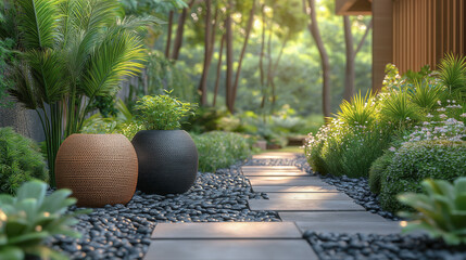 Obraz premium A walkway with two large planters on either side