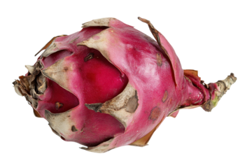 Bright red dragon fruit with green and brown accents on a white background