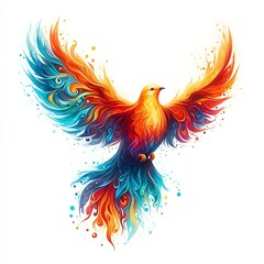Obraz premium Colourful winged dove in flames, a representation of the New Testament Holy Spirit. Abstract Watercolour Painting Biblical illustration