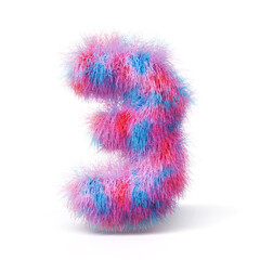 Blue pink fur font Number 3 THREE 3D