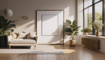 A minimalist living room featuring a blank canvas a beige sofa and potted plants bathed in soft sunlight.