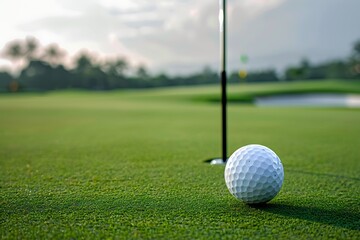 Obraz premium A close-up of a golf ball resting on a perfectly manicured green with the flagstick and hole in the background capturing the pristine beauty of the golf course