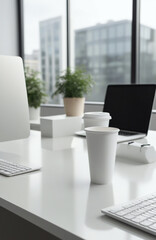 Fototapeta premium Modern office setting with coffee cup mockup for corporate cafe marketing.