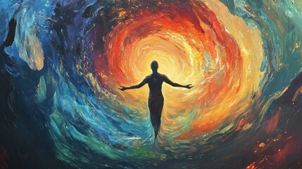 The figure is contemplative and meditating. Surrounded by a halo of light