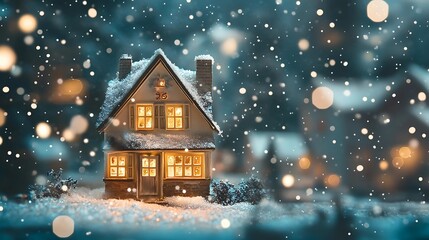 Naklejka premium A charming cottage in a winter wonderland village, nestled among gently falling snowflakes, warm lights glowing from windows, illuminating the snowy landscape