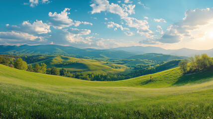 Obraz premium Beautiful spring countryside panorama in Romania, with grassy fields and mountainous scenery