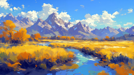 Naklejka premium Beautiful autumn mountains and golden wheat fields landscape oil painting 