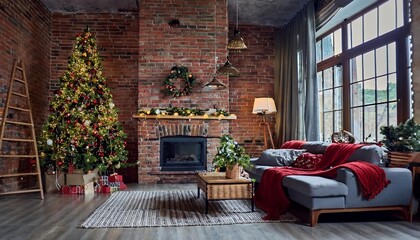 Stylishly decorated living room with Christmas tree, grey sofa with burgundy throw, wicker lamp, fireplace.