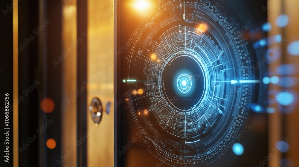 Poster the security scanner is prominently displayed, showing intricate designs and glowing features. it is