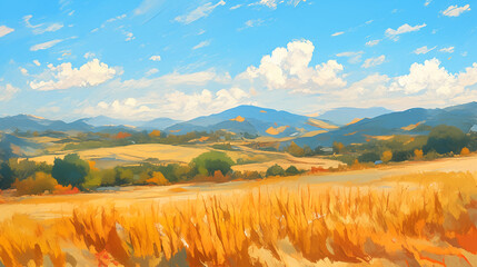 Obraz premium Beautiful autumn mountains and golden wheat fields landscape oil painting 