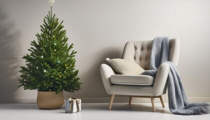 The image shows a modern armchair with a plaid and a small Christmas tree beside it.