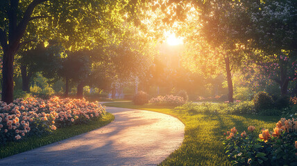 Obraz premium Golden hour glow on a tranquil park path, creating a serene atmosphere before sunset