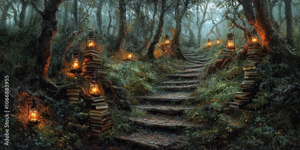 Poster a mystical forest path illuminated by lanterns and books