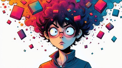 Colorful illustration of a wide-eyed person with abstract shapes around, symbolizing ADHD and heightened focus.