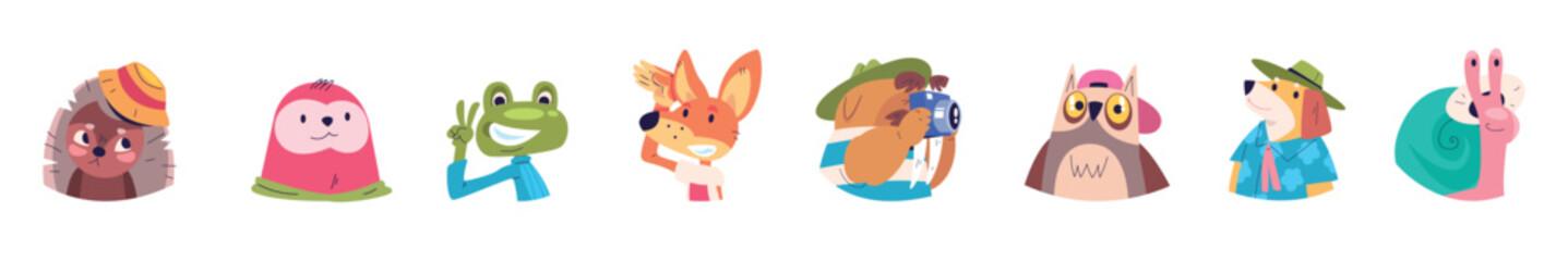 Animal muzzle avatars. Cute popular animal heads avatar stickers set, funny pets faces portraits cartoon characters owl dog fox frog walrus snail muzzles game vector illustration © ssstocker