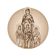 Fototapeta premium Holy Martyrs Faith, Hope, Love and their mother Sophia. Vintage religious illustration in Byzantine style