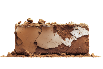 A cracked clay brick resting on a surface covered with loose earth and debris in natural light