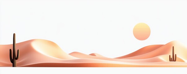 Desert landscape with towering sand dunes, cactus plants, and setting sun, serene and warm ambiance, natural beauty, 3D illustration