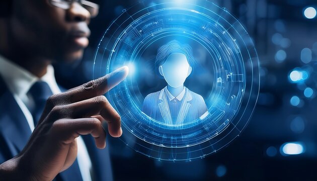 A hand reaches out to touch an entrepreneur in a blue virtual display among others, who see it as a digital recruitment and hiring tool