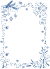 Fototapeta premium Blue Chinoiserie Christmas Line Art Frame. Hand-drawn Winter PNG Clipart. Ornate Christmas borders. Bell, Pine Tree. 