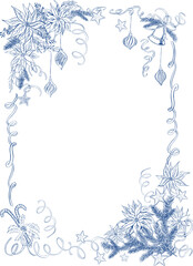 Blue Chinoiserie Christmas Line Art Frame. Hand-drawn Winter PNG Clipart. Ornate Christmas borders. Bell, Pine Tree. 