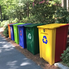 A series of vibrant recycling bins in various colors sit neatly along a pathway in a park, surrounded by greenery under a clear blue sky during a sunny afternoon