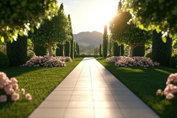 Fototapeta premium Garden path lined with blooming flowers, lush greenery, sunny atmosphere, charming and peaceful outdoor space, 3D illustration