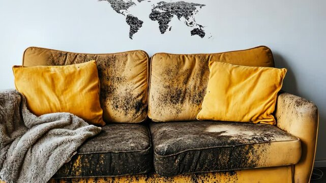 A yellow couch with a world map on the wall behind it is covered in black mold