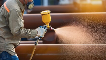 A worker wearing a respirator sprays paint onto a steel pipe to prevent rust.