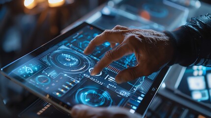 A person's hand interacts with a futuristic digital interface on a tablet computer.