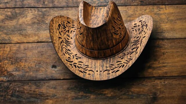 A carved wooden cowboy hat sits on a rustic wooden surface