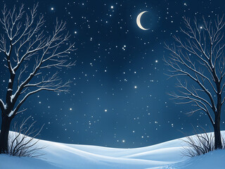 Winter snow fall with a crescent moon christmas background. 