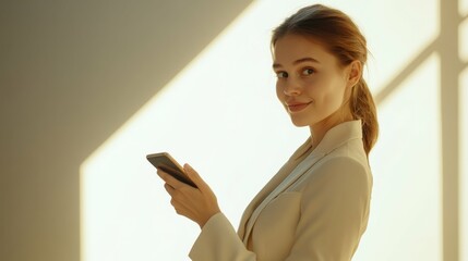 confident Russian woman in a chic business outfit, using a smartphone with one hand while pointing with her finger, side view, in a well-lit clean studio, focused expression and gentle smile.