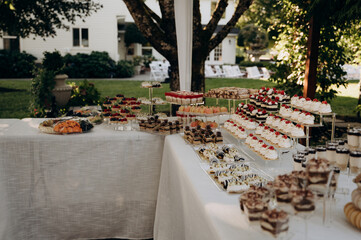 A classic holiday sweet table with a large variety of desserts on a table with a white tablecloth.