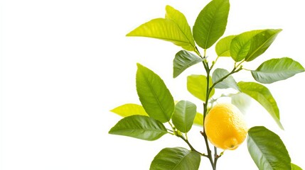 Small lemon tree with fresh green leaves and a few yellow lemons, isolated on a white background for a bright, natural touch.