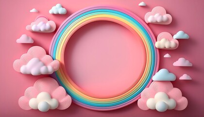 A whimsical pink scene features a rainbow arch amid pastel clouds, creating a circular frame