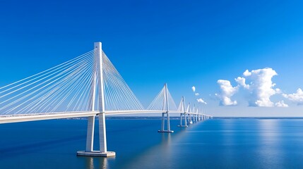 Stunning View of a Modern Cable-Stayed Bridge Against a Blue Sky with Fluffy Clouds