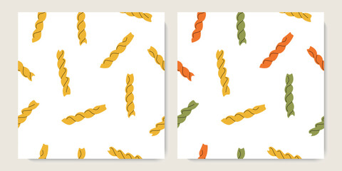 Fusilli, spiral pasta. Traditional Italian food. Various noodles types, pasta colorata, macaroni. Vector flat cartoon seamless pattern for textile, fabric, wrapping, packing