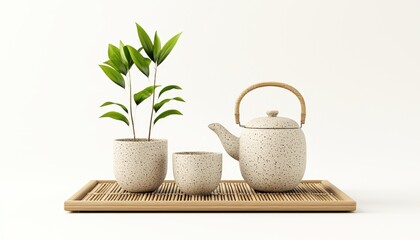 Traditional Japanese tea set with ceramic teapot and cups on bamboo mat, serene atmosphere, minimalist style, 3D illustration