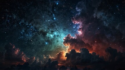 Naklejka premium Cosmic Nebula: A breathtaking view of a vibrant nebula, swirling with cosmic dust and glowing gases in a symphony of color. Explore the infinite wonders of the universe.